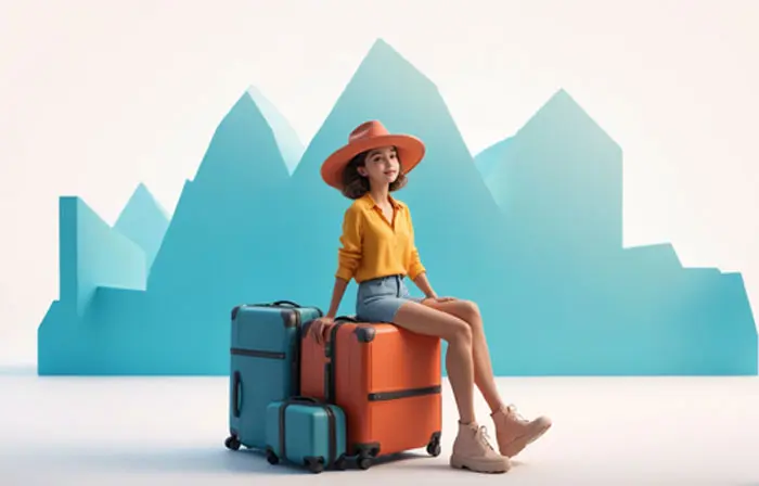 Beautiful Woman on the Pile of Suitcases 3D Picture Cartoon Illustration